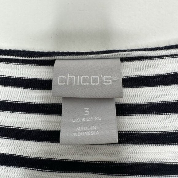 Chicos Knit Top Tee Size XL Navy White Stripe Slub Lace Hem Nautical - Picture 3 of 10